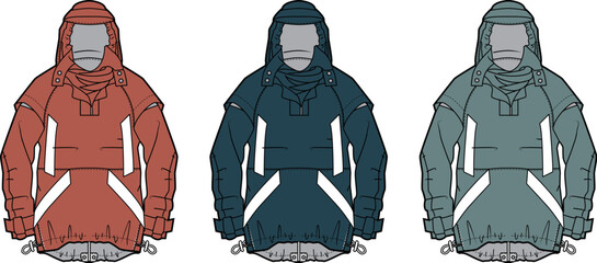 Set of technical flat sketches of a men's hooded anorak jacket, showing three different color variations for apparel design