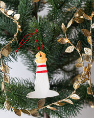 Handmade porcelain Christmas ornaments on a Christmas tree 