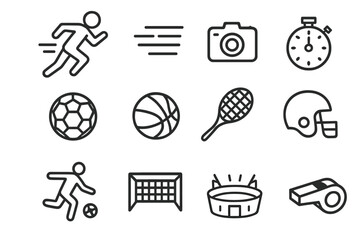 Obraz premium Athletic Motion Icon Set. Athletic motion. Line icon set of athletic motion: athlete running, motion lines, camera, stopwatch, soccer ball, basketball, tennis
