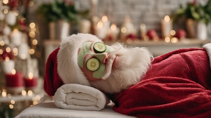 Santa Claus lying on towel with face mask and cucumber slices on eyes, relaxing in Christmas spa surrounded by festive candles and warm lights.
