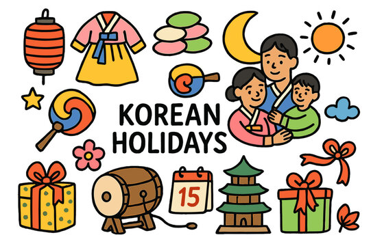 Korean Holiday Doodles. Korean Holidays. Colorful Hand-drawn doodle Children illustration Korean Holidays lantern, hanbok, rice cake, moon, family, fan, drum,