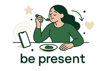 Naklejka premium Mindful Digital Detachment. Mindful Eating ? Digital Detox. Phone set aside beside a small plate; soft lines fade from the screen outward. Caption ?be present?