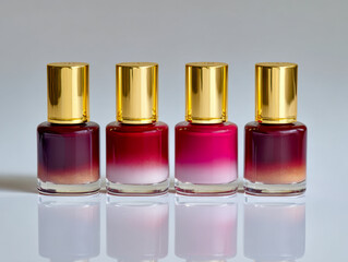Naklejka premium Four elegant gradient red nail polish bottles with shiny gold caps displayed in a row on a reflective surface against a neutral background