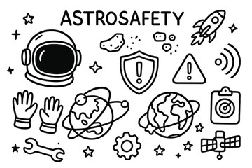 Fototapeta premium Astrosafety Doodle Elements. Astrosafety. Hand-drawn doodle illustration astrosafety astronaut helmet, shield, orbit path, Earth, debris, alarm, signal waves,