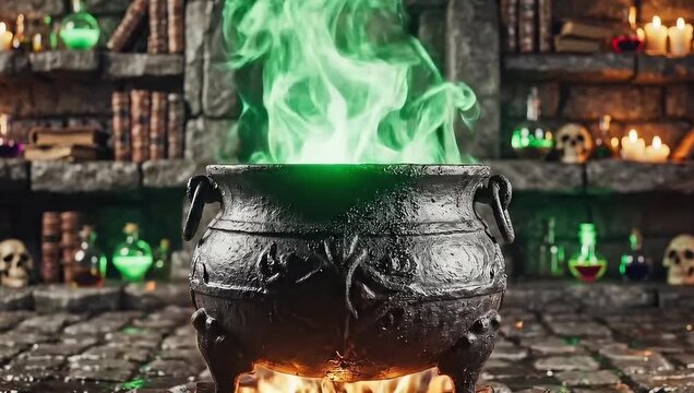 Mystical cauldron with green smoke in a dark magic room