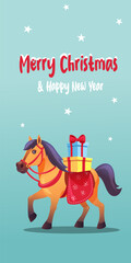 A cute brown horse illustration with a festive Christmas theme