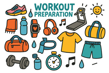 Colorful Workout Doodles. Workout Preparation. Colorful Hand-drawn doodle Children illustration Workout Preparation sneakers, treadmill, water bottle, gym bag,