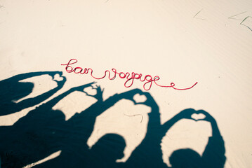bon voyage , hearts from hands sign, traveling lovers 