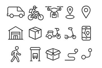 Fototapeta premium Last-Mile Connectivity Icons. Last-mile connectivity. Line icon set of last-mile connectivity: delivery van, bicycle courier, drone, map marker, warehouse,
