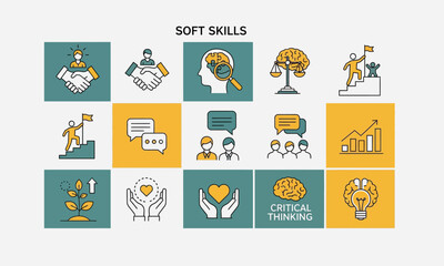Fototapeta premium Modern collection of line icons illustrating essential soft skills for business success, teamwork, and personal development