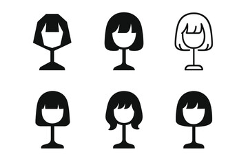Wig Styling Logos Grid. Fan conventions and cosplay events. Set Logo of wig styling: wig on stand with bangs. Icon set. harmonious logo variations of the same