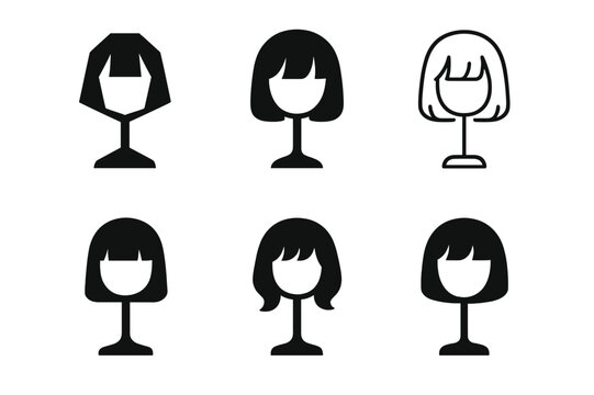 Wig Styling Logos Grid. Fan conventions and cosplay events. Set Logo of wig styling: wig on stand with bangs. Icon set. harmonious logo variations of the same