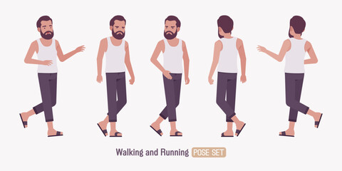 Middle aged man, casual relaxed wear walk, run pose set. Bearded guy white, sleeveless wifebeater undershirt, comfy lounge pajama jogger pants, home slippers. Vector flat style cartoon illustration