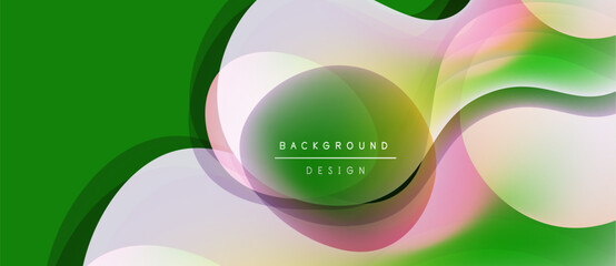 Abstract design features overlapping circles, gradients. Green dominates left side, pink and white blend right. Modern, dynamic composition.