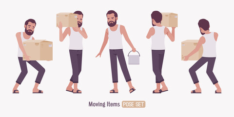 Middle aged man, casual relaxed wear moving boxes pose set. Bearded guy white, sleeveless wifebeater undershirt, comfy lounge pajama jogger pants, slippers. Vector flat style cartoon illustration