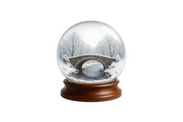 Stone Bridge over Frozen River Snow Globe Isolated on Transparent Background