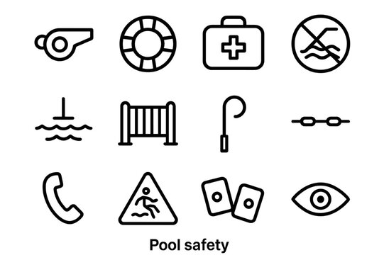 Pool Safety Icons. Pool Safety. Line icon set of Pool Safety: lifeguard whistle, life ring, first aid kit, no diving sign, depth marker, pool fence, rescue