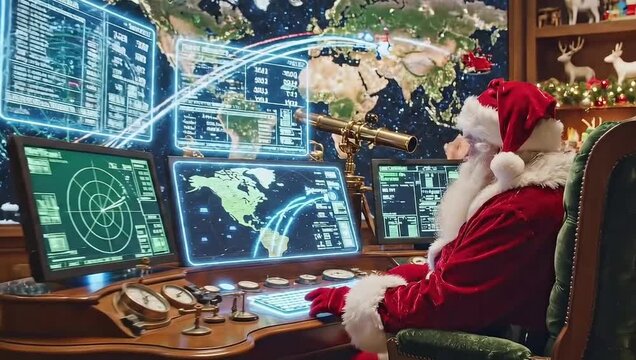 Santa Claus operates a high-tech global tracking system with maps and digital screens in his workshop