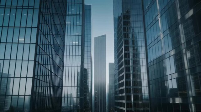 Towering glass skyscrapers reflecting blue sky and clouds in a modern city skyline creating a sense of urban grandeur and corporate power