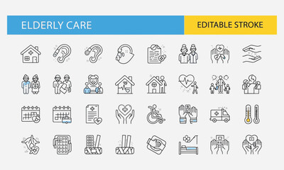 Elderly Care Thin Line Icons Home Assistance, Support Services and Medical Help
