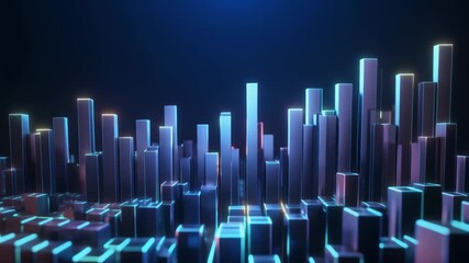 Abstract digital cityscape with glowing neon edges and futuristic architecture in a dark blue environment - Powered by Adobe