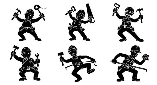 Construction Worker Silhouettes Set Handyman Carpenter Builder Toolkit Collection