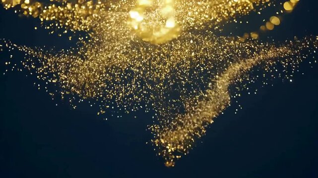 A magical cascade of glowing golden particles and bokeh falls from a bright spotlight, swirling elegantly on a dark blue background