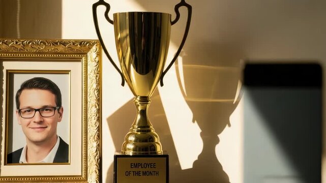 Employee of the month trophy with golden frame near mobile phone conveys victory in workplace. Portrait of smiling man, winner, next to employee of the month trophy embodies success.