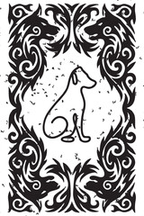 Fototapeta premium Stylized dog portrait framed by intricate black tribal inspired ornamental design