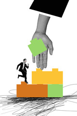 Obraz premium Trend artwork banner sketch 3D photo collage of young guy run ladder up lego blocks match hr business occupation entrepreneur office
