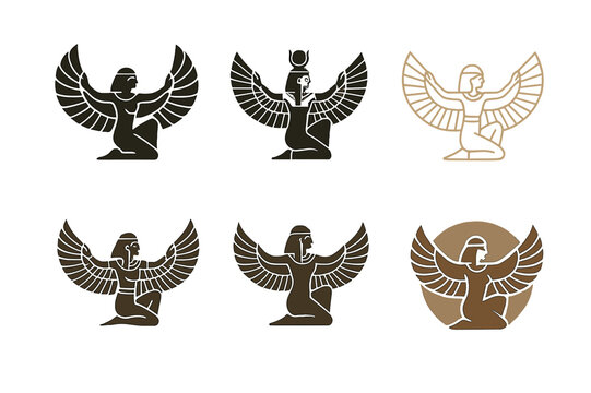 Mystical Deity Logos. Ancient gods and goddesses in a mystical landscape. Set Logo of Ancient gods and goddesses in a mystical landscape: Isis wings. Icon set.