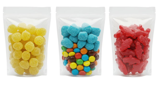 Three identical transparent pouches with yellow bell, blue abstract & chocolate, and red dinosaur gummies, on a transparent background with copy space, soft studio light. Concept for confectionery