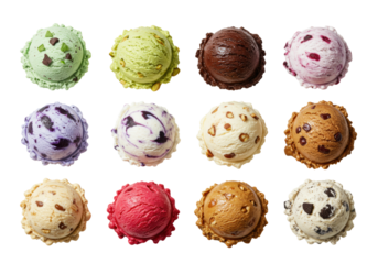 Twelve distinct scoops of artisanal ice cream in a grid, showcasing unique colors and textures, on a transparent background with copy space, concept for premium dessert advertising