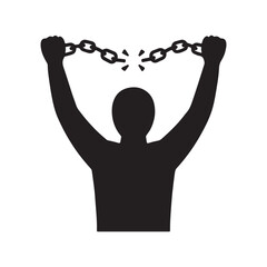 Silhouette of a person breaking chains, a vector icon on white background symbolizing freedom and liberation