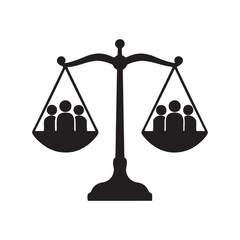 Silhouette of balanced scales of justice with human figures integrated into the scale plates on white background