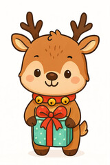 festive little friend — a cute reindeer with jingling bells and a gift,
