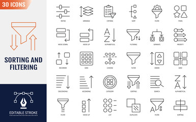 Sorting and filtering icon set. Containing icons: filter, list, arrange, refine, sort, organize, priority, category and more. Vector illustration