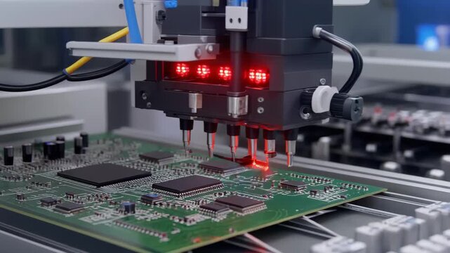 Automated precision placement machine working on a green circuit board with glowing red lights indicating activity