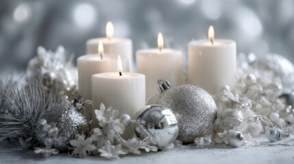 White pillar candles surrounded by silver and white festive ornaments with decorative pine branches creating an elegant holiday centerpiece arrangement
