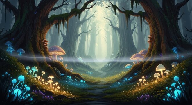 Enchanted forest path with glowing mushrooms and ancient trees