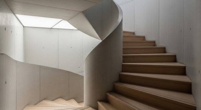 Modern concrete spiral staircase with wooden steps and natural light