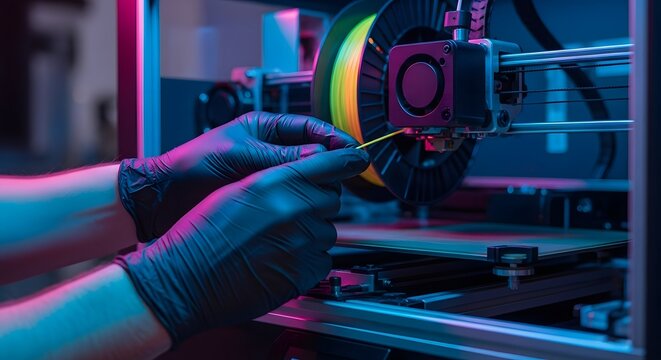 Close-up of hands in black gloves adjusting a 3D printer with colorful filament under neon blue and pink lights in a workshop setting.