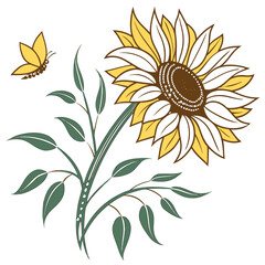 Stylized sunflower and butterfly illustration on white background
