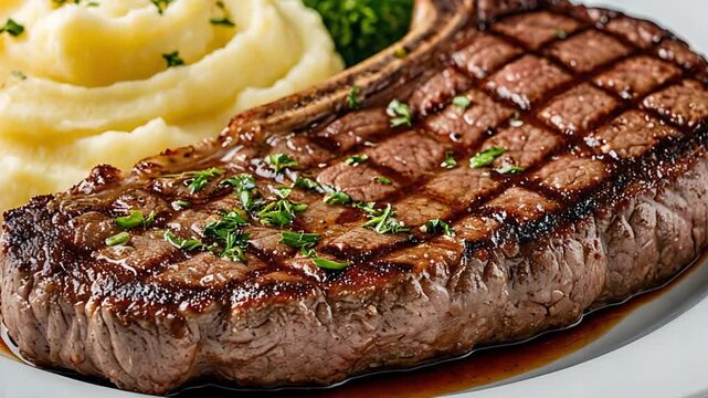 Succulent grilled ribeye steak with perfect grill marks, complimented by creamy mashed potatoes and fresh parsley on a white plate
