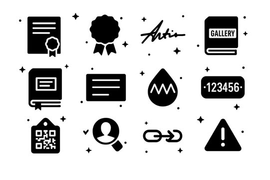 Provenance Authenticity Icons. Provenance and authenticity. Solid icons set of Provenance and authenticity: provenance document, certificate seal, artist