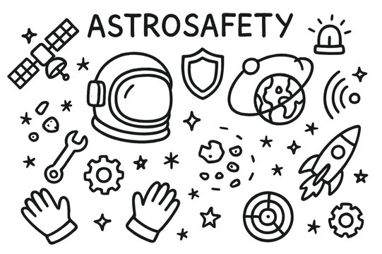 Astrosafety Doodle Icons. Astrosafety. Hand-drawn doodle illustration astrosafety astronaut helmet, shield, orbit path, Earth, debris, alarm, signal waves,