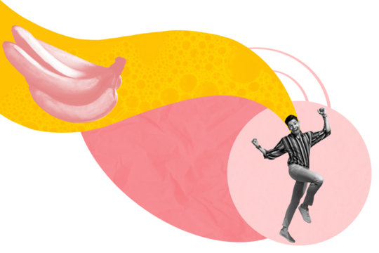 3d sketch poster trend collage image of excited man jump ripe banana nutrition detox tropical vitamin diet fruit breakfast hunger - Powered by Adobe