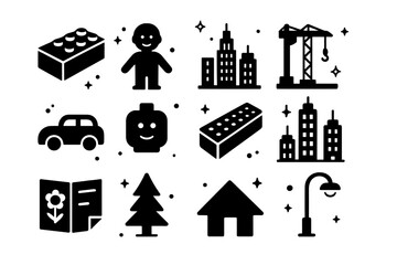 Naklejka premium LEGO City Builders. Children Building LEGO Cities. Solid icons set of Children Building LEGO Cities: LEGO brick, child figure, city skyline, construction