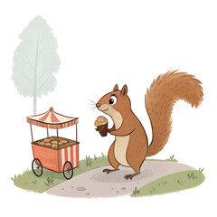 Cute squirrel enjoys sweet treat from park vendor cart in charming illustration