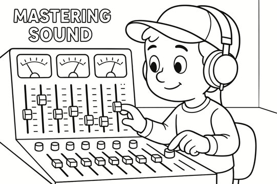 Sound Mixing Coloring Fun. Mastering sound children?s coloring book illustration, outlined drawing, a producer adjusting volume meters and equalizer knobs on a